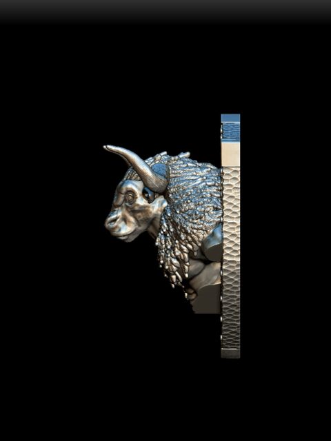 Left Profile of Minotaur Trophy Bust emphasizing shaggy hair and jawline details