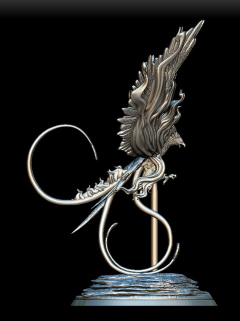 Right Profile of Phoenix Full-Body Miniature highlighting flowing feathers and flame textures