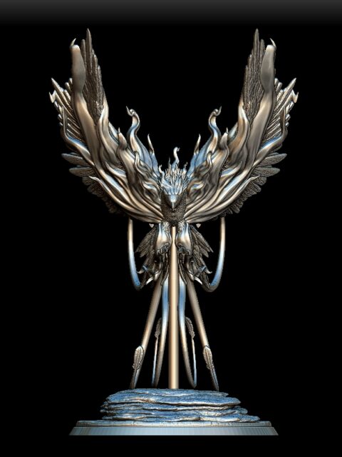 Detail of Phoenix Full-Body Miniature focusing on plumage and radiant head crest