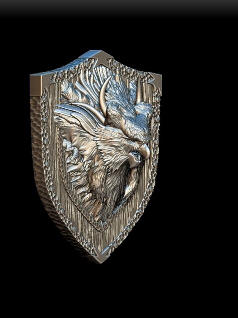 Owlbear bust angled view with shield backplate