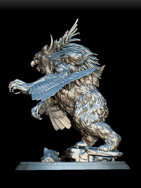 Owlbear miniature left profile, feathered head