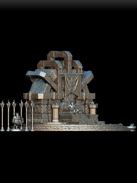 Azer King Pyronis Flameborn full-body angled view with plated beard and armor