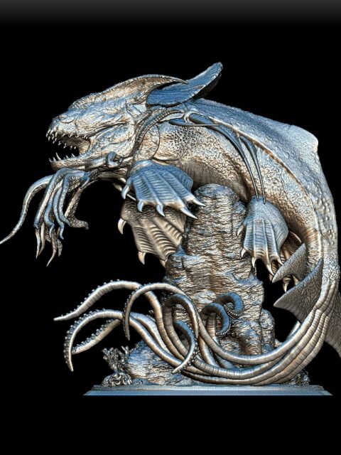 Kraken miniature left profile on rocky outcrop base