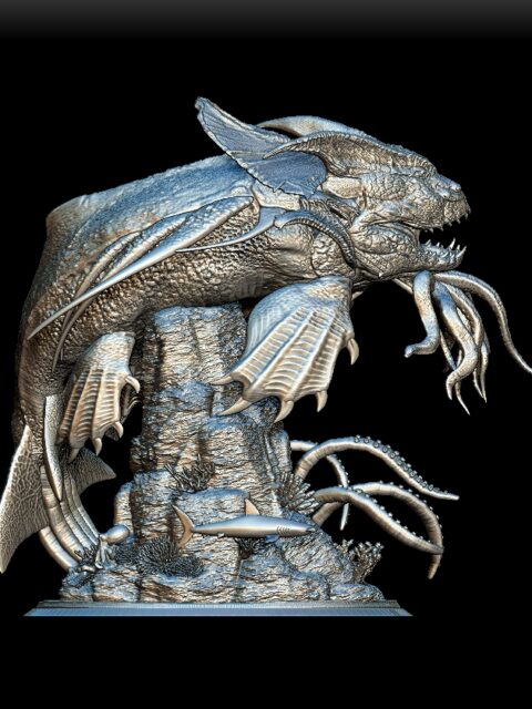 Kraken miniature right profile, tentacles extended