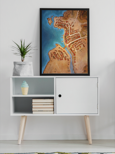 Aldmill Town Fantasy Map – Archival Canvas Print displayed on wall