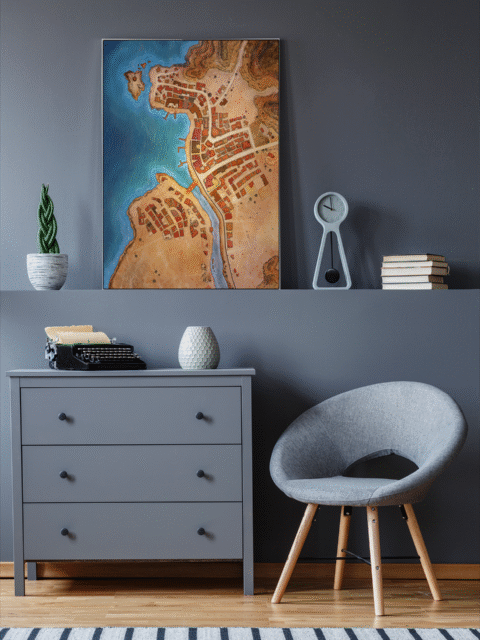 Fantasy town of Aldmill with farmland, roads, and fortified gatehouses