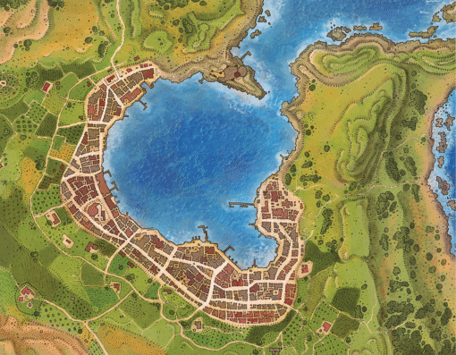 Island town fantasy map — An Gearesdan archival canvas
