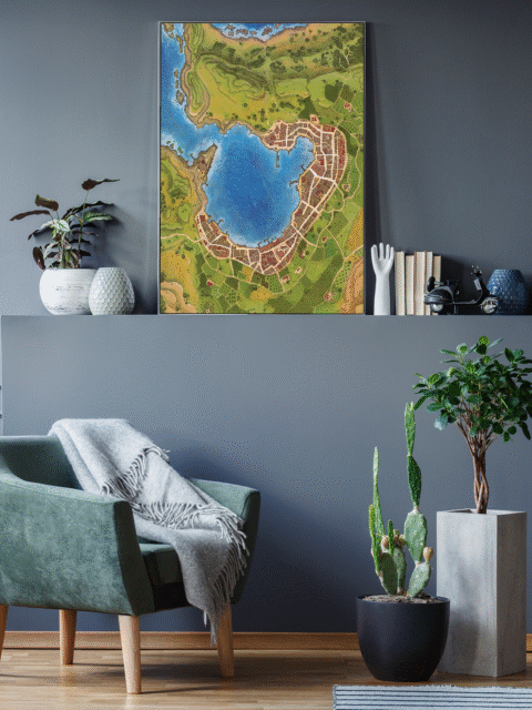An Gearesdan Town Fantasy Map – Archival Canvas Print displayed on wall