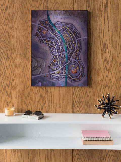 Fantasy city of Black Bat with gothic architecture and torch-lit avenues