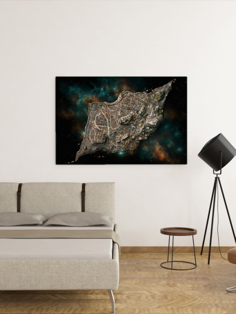 Overhead view of the City of Masks with winding waterways, bridges, and festival lanterns glowing in the dusk