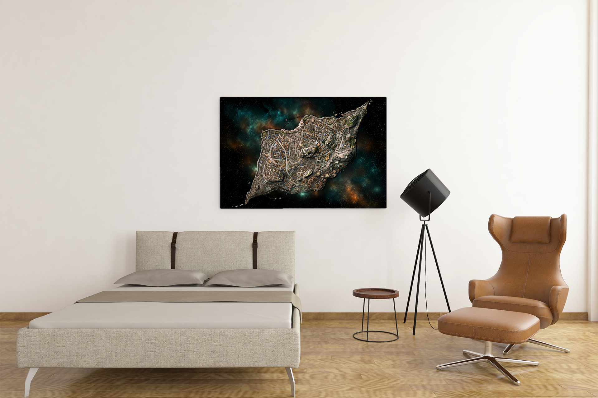 Overhead view of the City of Masks with winding waterways, bridges, and festival lanterns glowing in the dusk