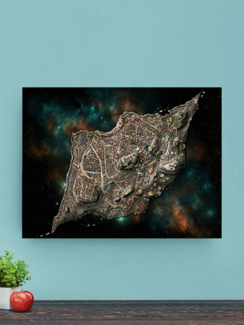 Close-up of the central parade grounds where masked figures gather among banners and colored light