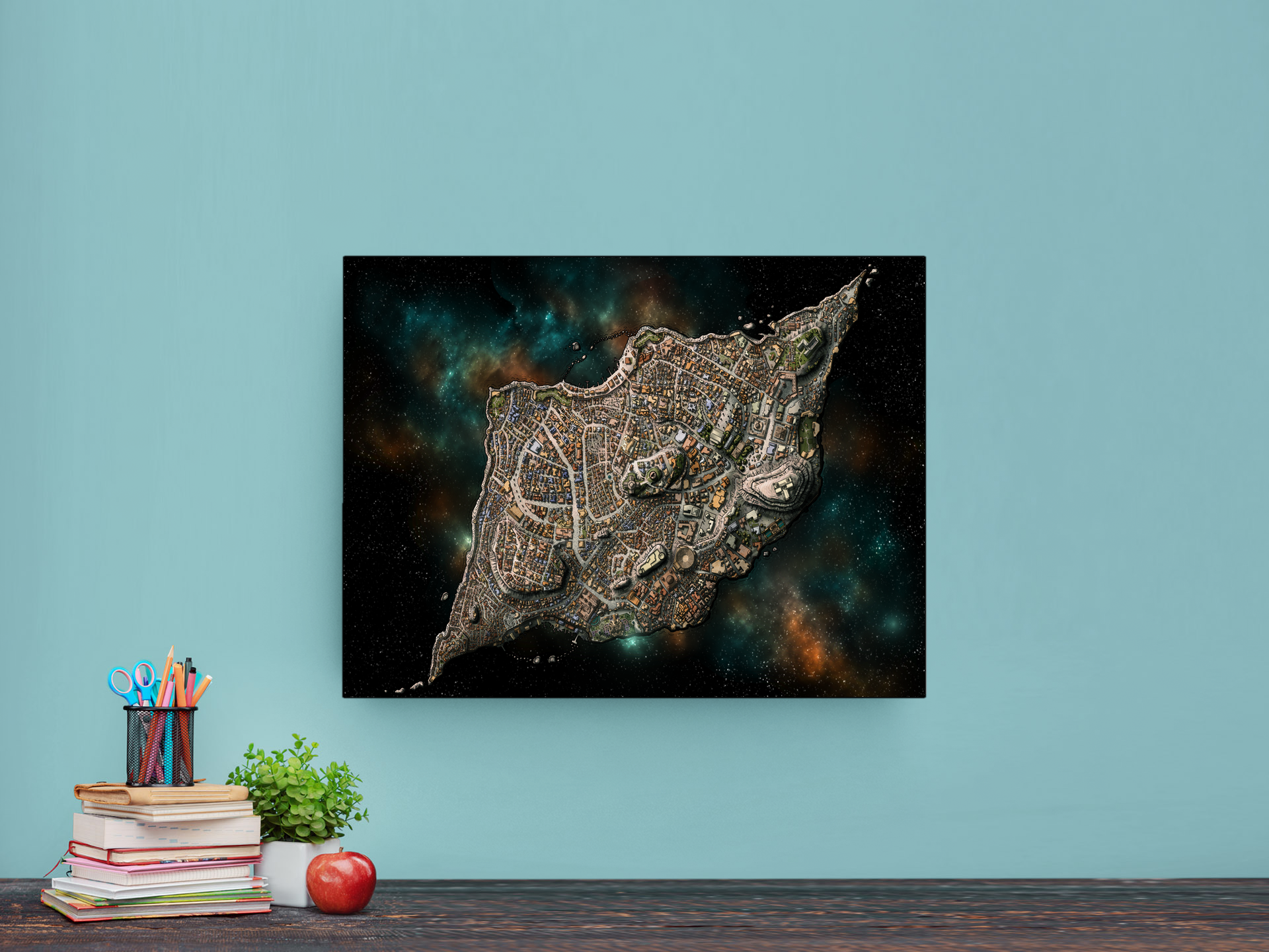 Close-up of the central parade grounds where masked figures gather among banners and colored light