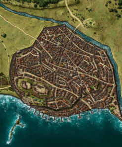East Anchorage canvas map, coastal fantasy city map, harbor town RPG map, Alyssa Faden cartography