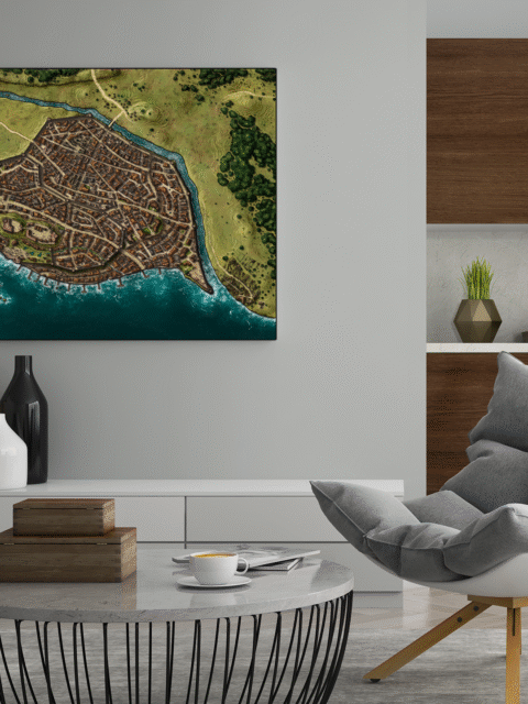 Fantasy port city of East Anchorage with markets, taverns, and winding shore roads