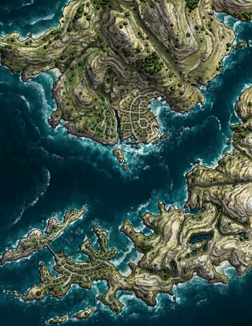 Reimagined fjord city fantasy map — Edgepond archival recolor