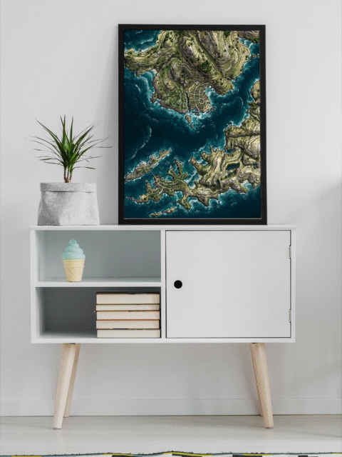 Edgepond City Fantasy Map Recolor by Alex – Archival Canvas Print displayed on wall