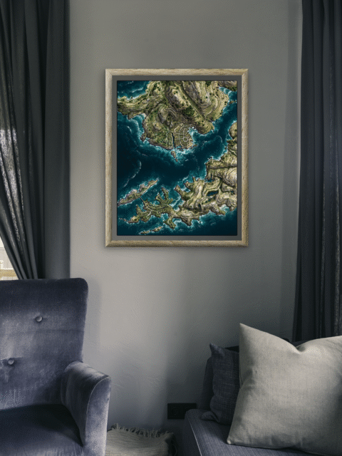 Top-down view of Edgepond City in vibrant alternate colors with lakeside districts