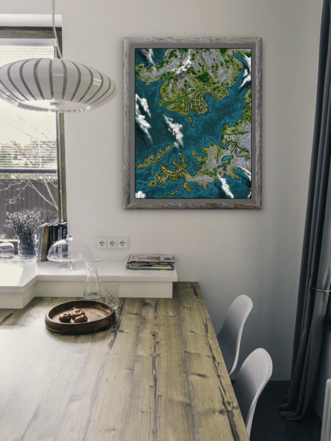 Detailed look at the merchant quarter and temple overlooking the water