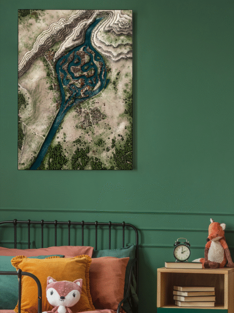 Fantasy flooded settlement with boats navigating through the remnants of a drowned city