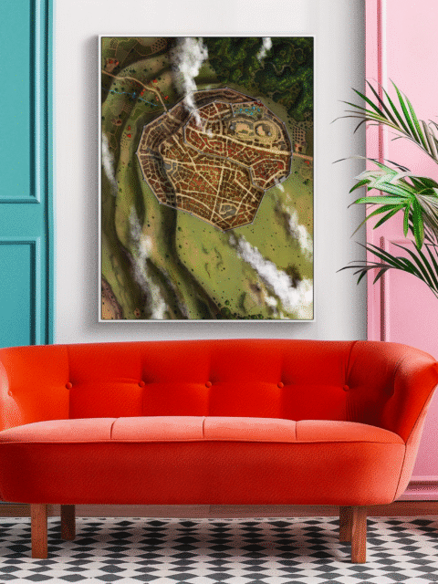 The valley of Foxdell glows with golden sunlight across rooftops, gardens, and grazing fields.