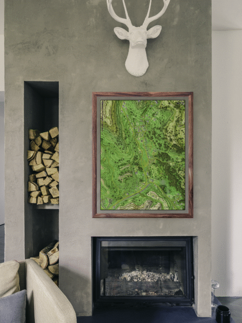 Grassy Spur Fantasy Map – Archival Canvas Print displayed on wall with windswept plains and scattered farmsteads.