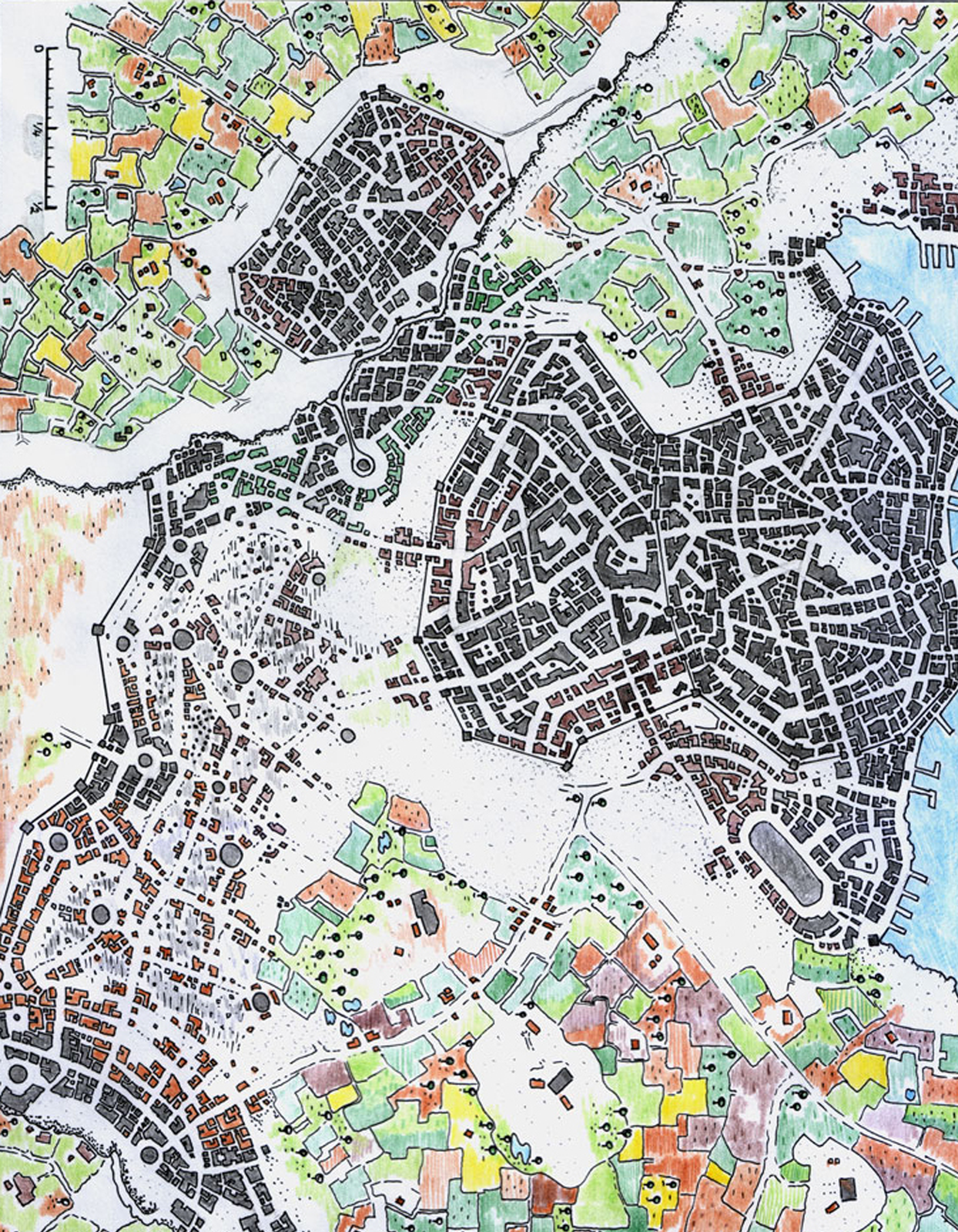 Close-up of Icewell Fantasy Map revealing market streets lined with snow and glimmering lanterns.