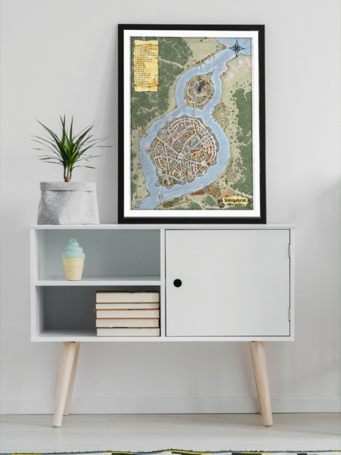 Konigsheim City Fantasy Map – Archival Canvas Print displayed on wall featuring grand stone walls and royal spires.