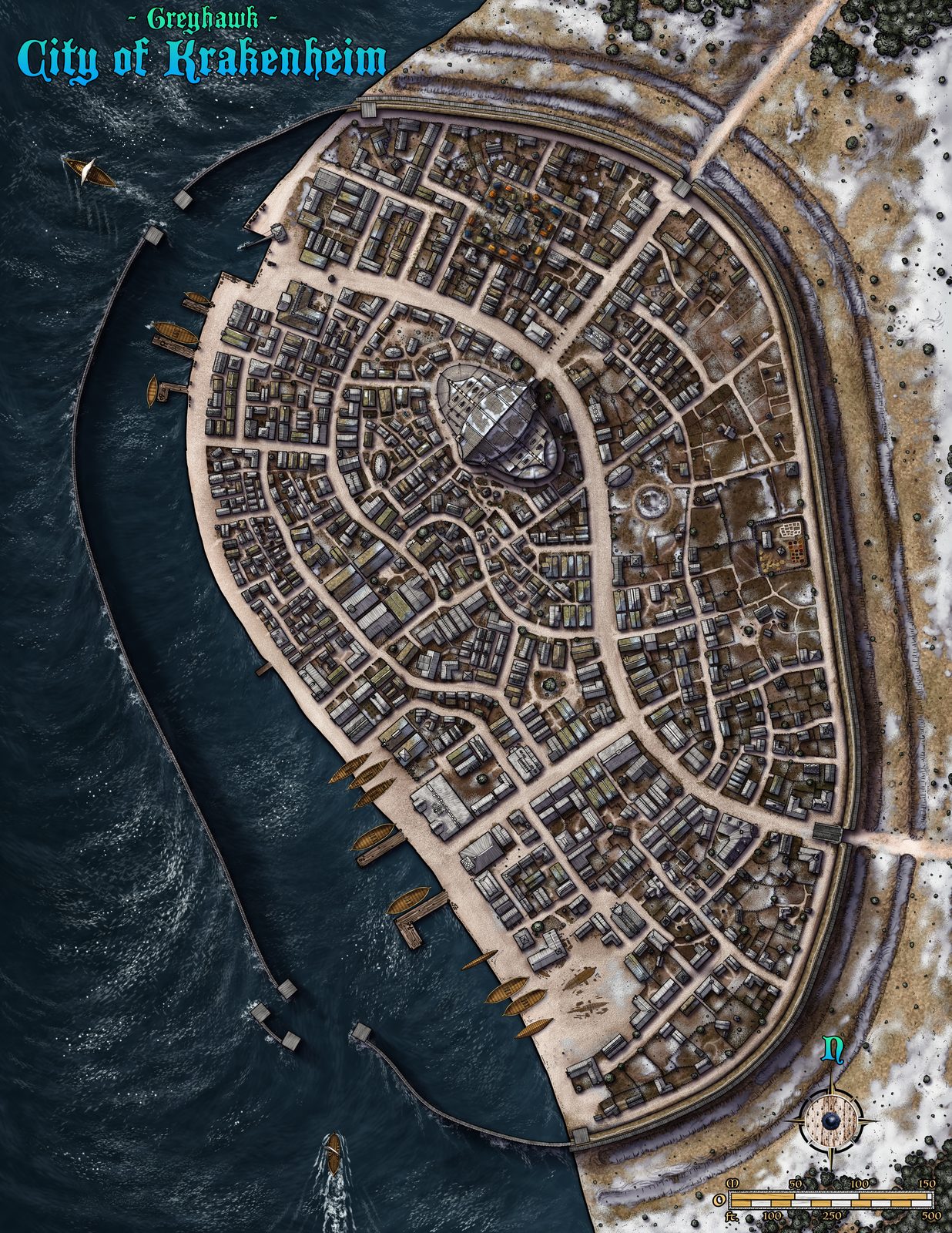 Close-up of Krakenheim City Fantasy Map showing winding harbor roads and coastal fortifications.