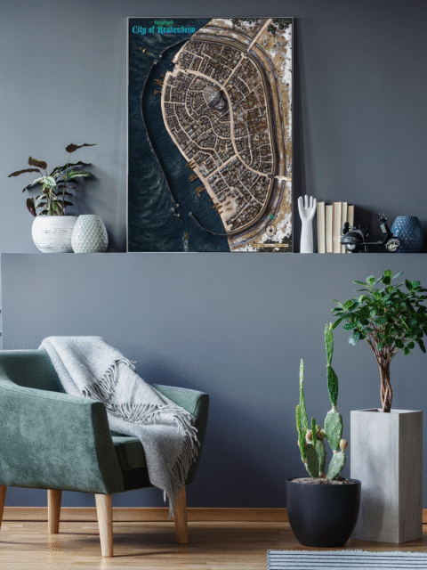 Lightning flashes over Krakenheim’s lighthouse as gulls circle above the open bay.