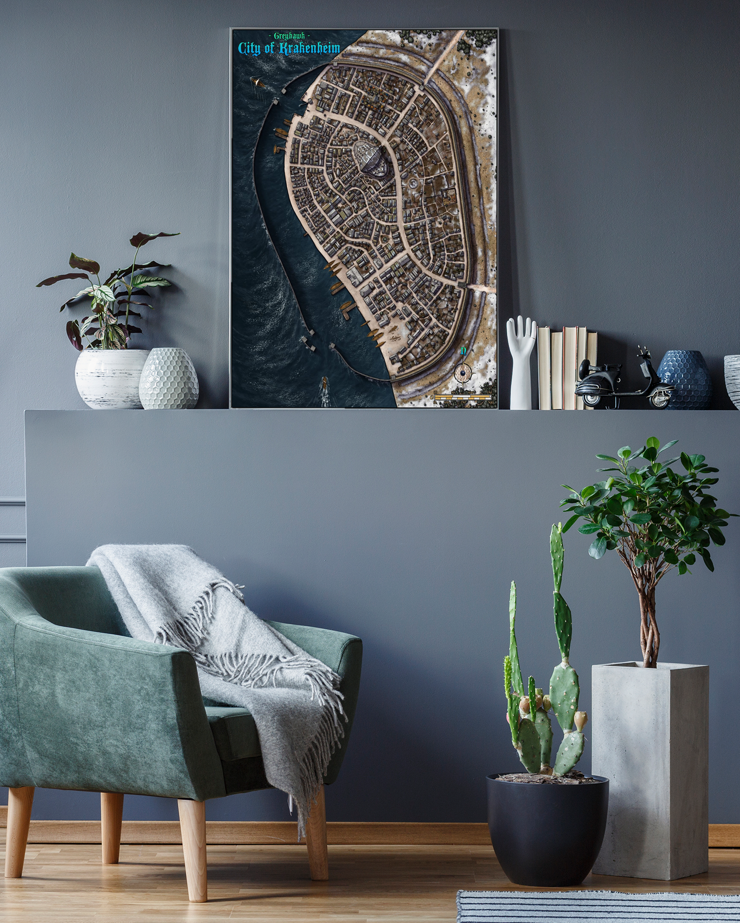 Lightning flashes over Krakenheim’s lighthouse as gulls circle above the open bay.