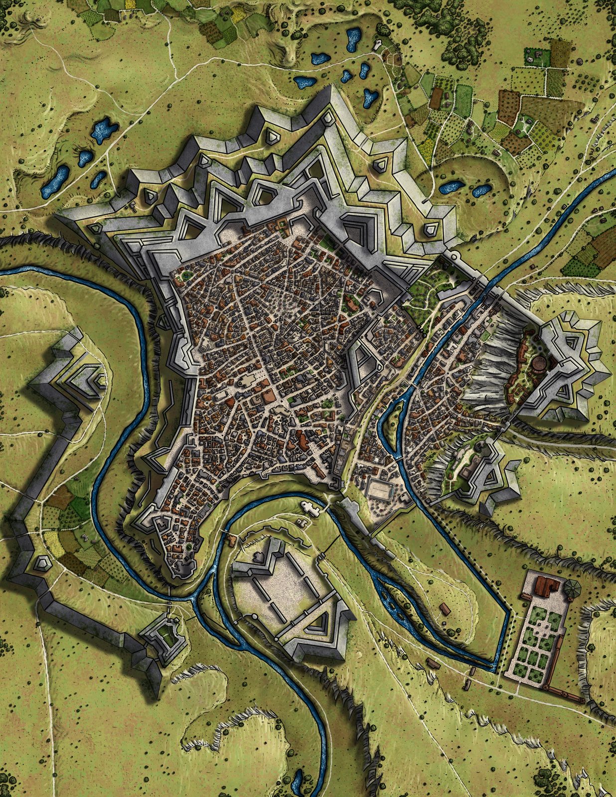 Close-up of Luxemburg Star Fortress Fantasy Map Recolor highlighting luminous courtyards and fortified gates.