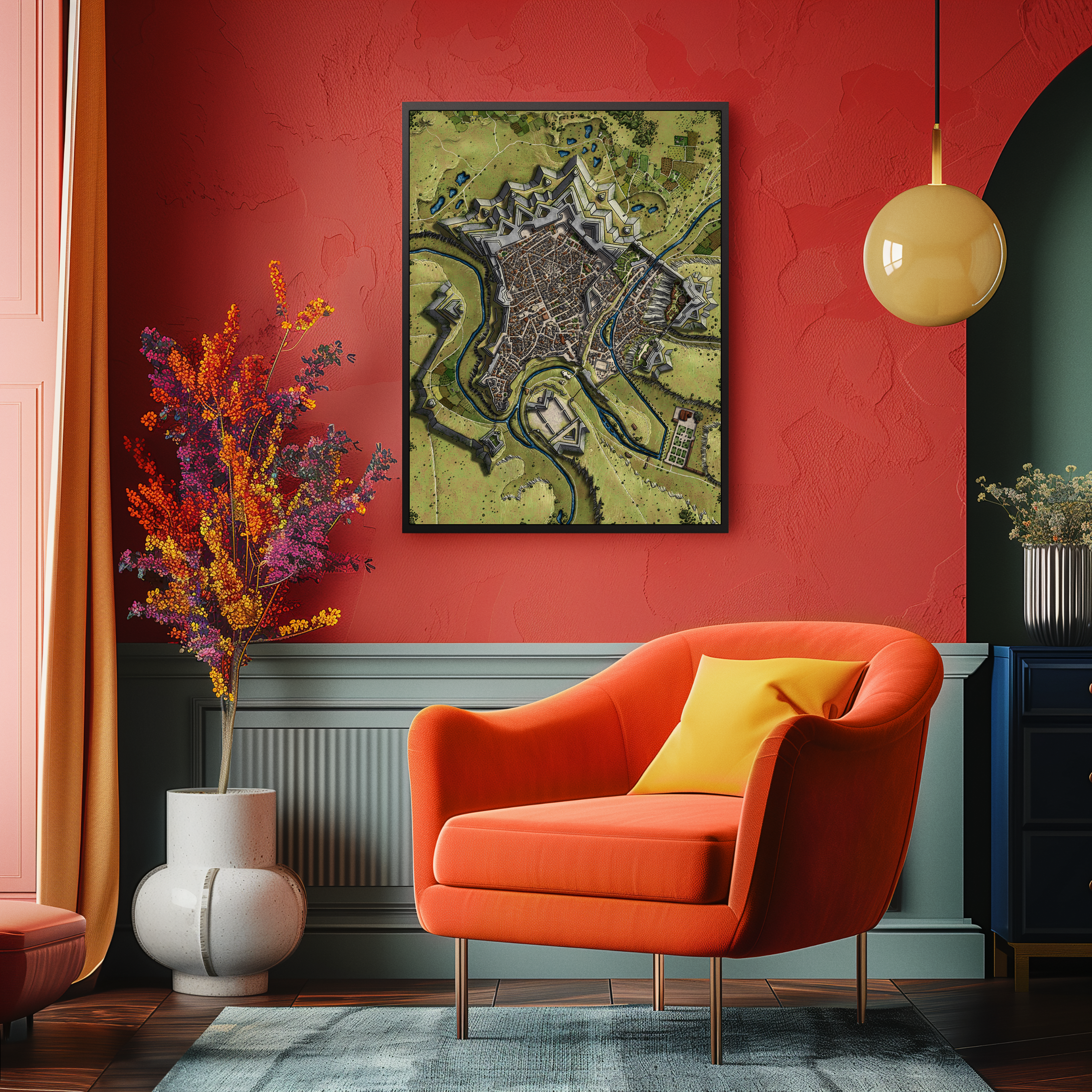 Sunlight glints across the symmetrical walls and reflective waters of the recolored Luxemburg fortress.