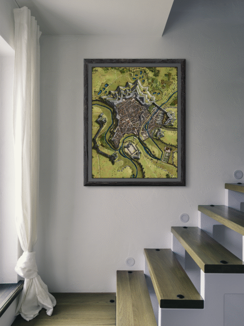 Top-down view of Luxemburg Star Fortress Recolor showing bright moats, glowing ramparts, and refined geometric walls.