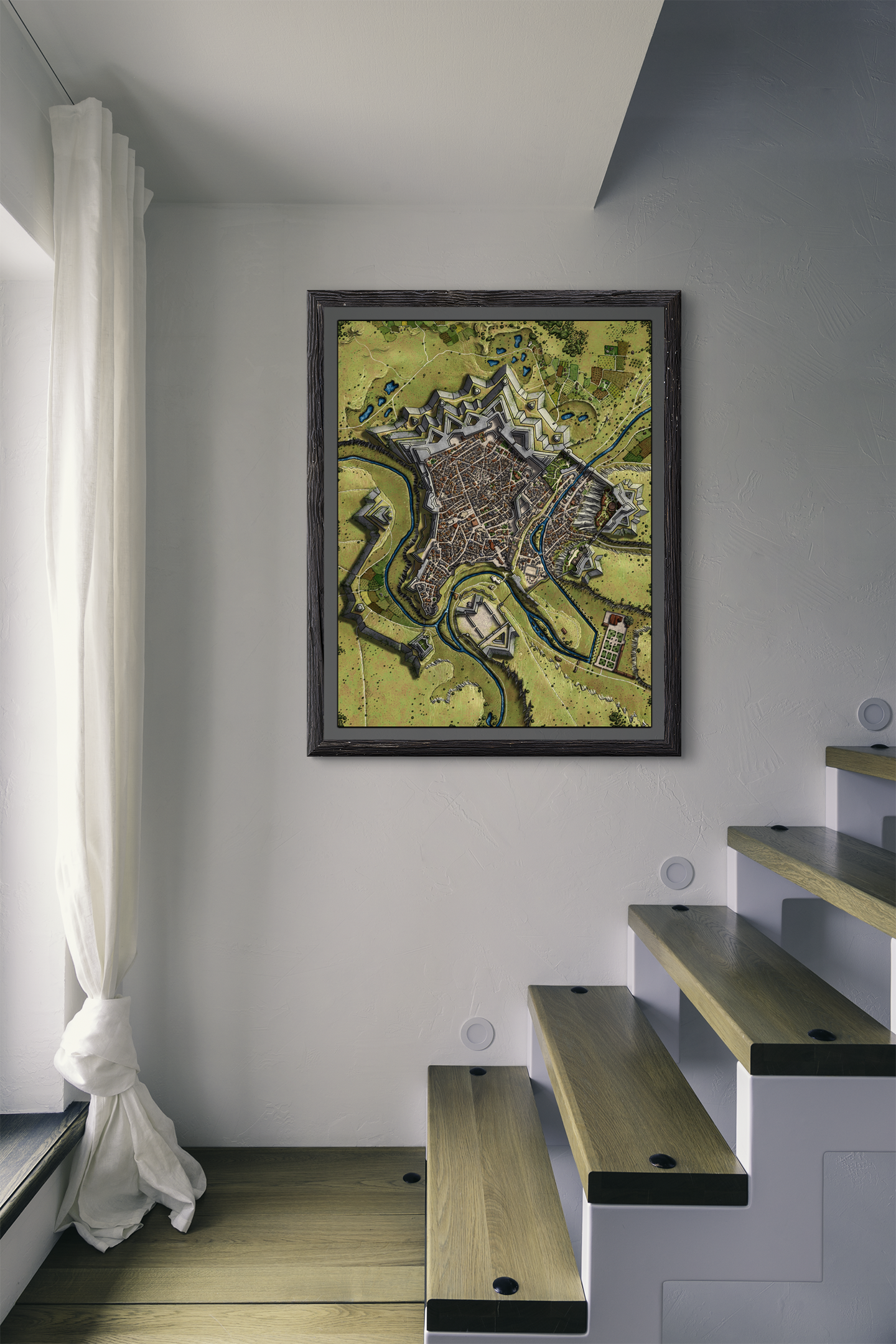 Top-down view of Luxemburg Star Fortress Recolor showing bright moats, glowing ramparts, and refined geometric walls.