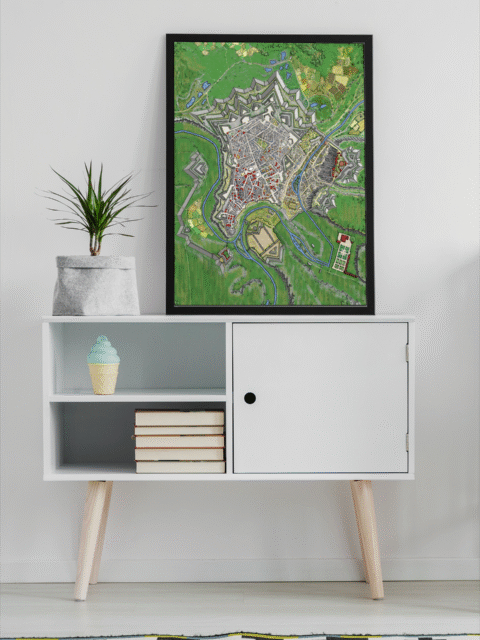 Luxemburg Star Fortress Fantasy Map – Archival Canvas Print displayed on wall showing geometric bastions and radiating walls.