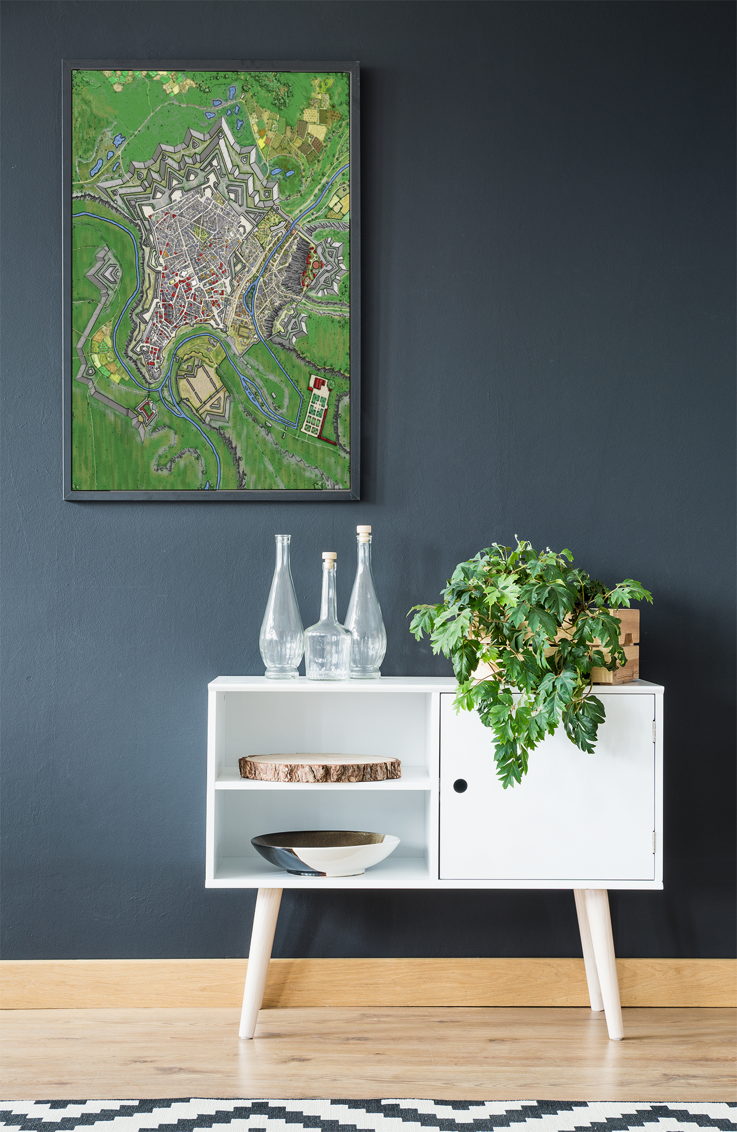 Top-down view of Luxemburg Star Fortress with moats, ramparts, and intricate defensive design.