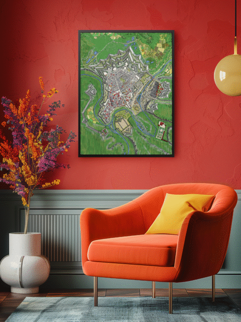 Soldiers march along the outer ramparts of Luxemburg, surrounded by water and rolling fields.