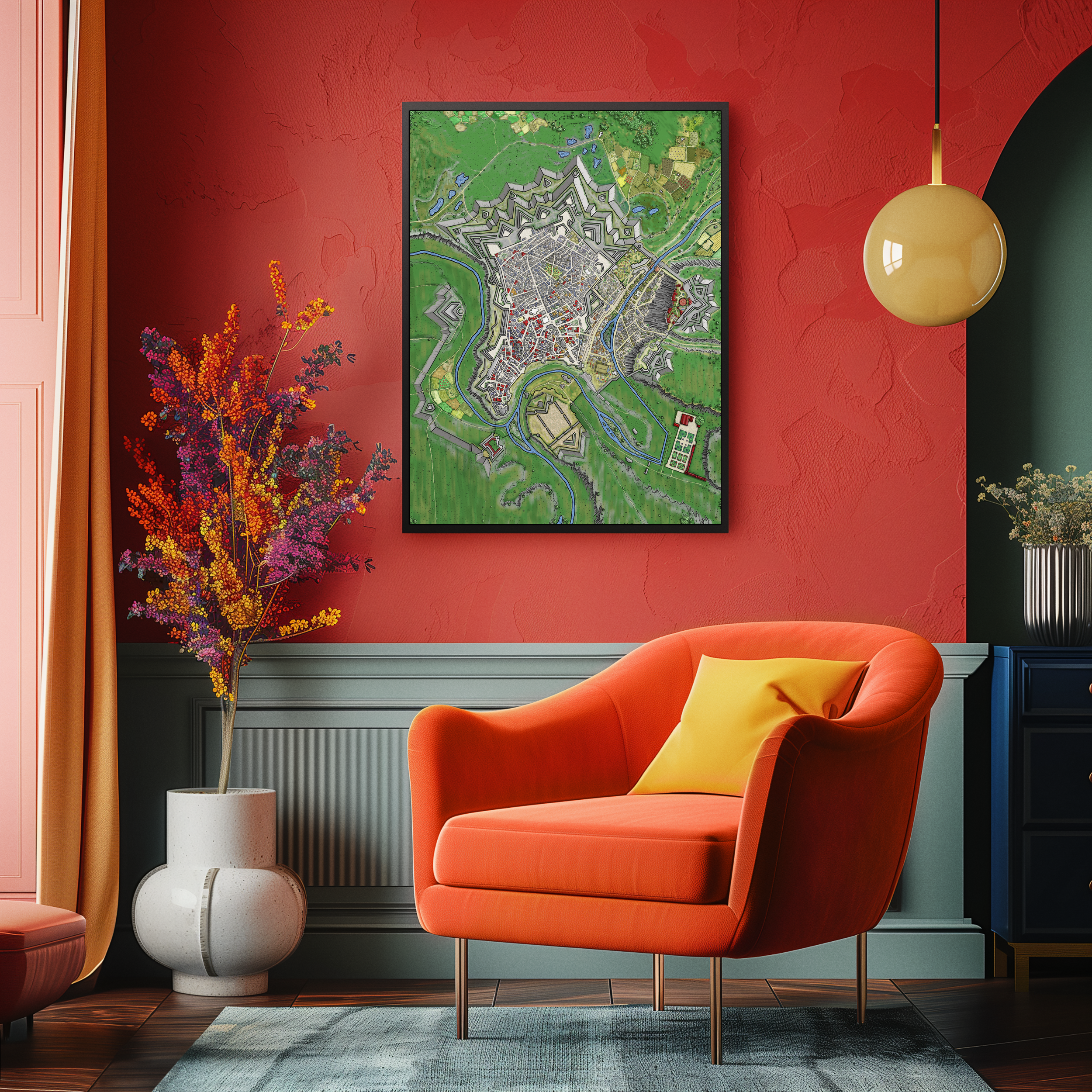 Soldiers march along the outer ramparts of Luxemburg, surrounded by water and rolling fields.