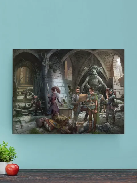 Fantasy illustration of adventuring party studying a map beneath a massive statue