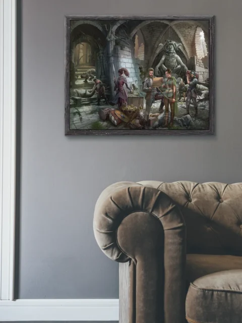 RPG wall art showing explorers in ancient ruins with treasure and gear