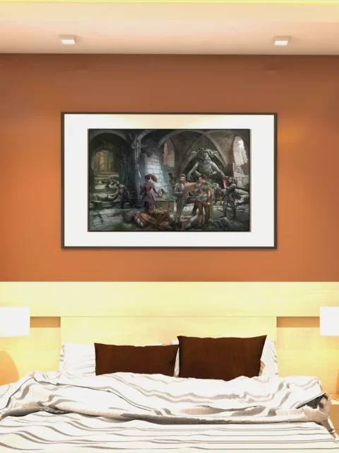 Cinematic fantasy scene artwork with stone arches, relics, and a looming guardian statue