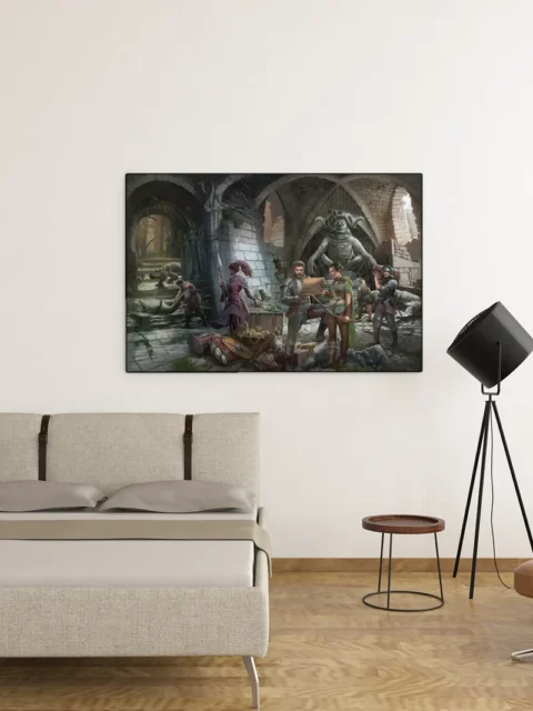 Tabletop-inspired fantasy art print of party planning their next move in a ruined temple