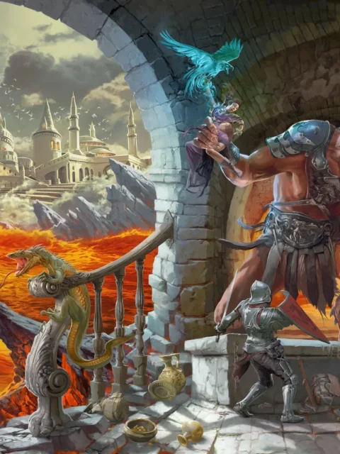 C&C DMG Tribute fine art canvas print showing heroes fighting a giant in stone ruins