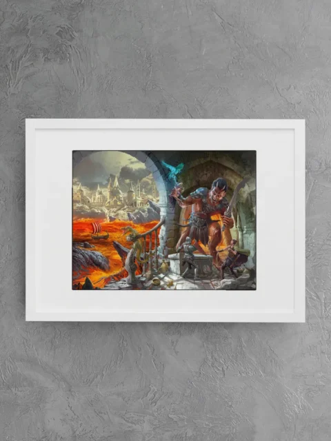 Fantasy illustration of giant battle scene with lava flows and distant city