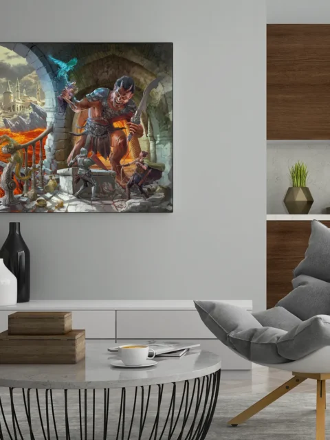 Epic tabletop-inspired artwork featuring adventurers confronting a towering foe
