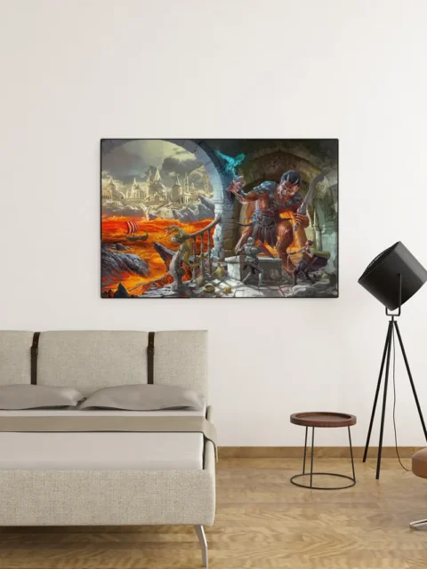 Cinematic fantasy wall art with fire, stone arches, and heroic combat