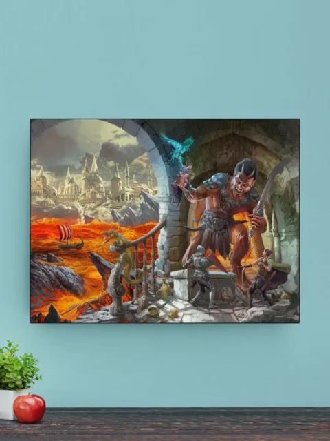 Archival fantasy art print depicting mythic conflict and high-stakes adventure