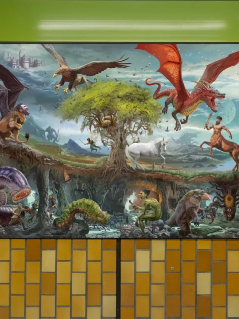 Epic fantasy artwork featuring dragons, beasts, and humanoid monsters