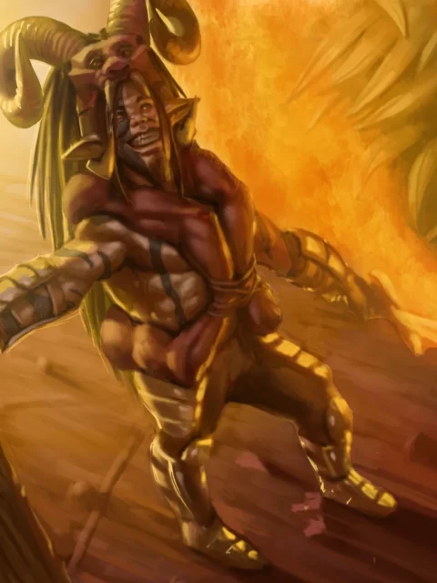 Horned demon warrior amid flames and corruption